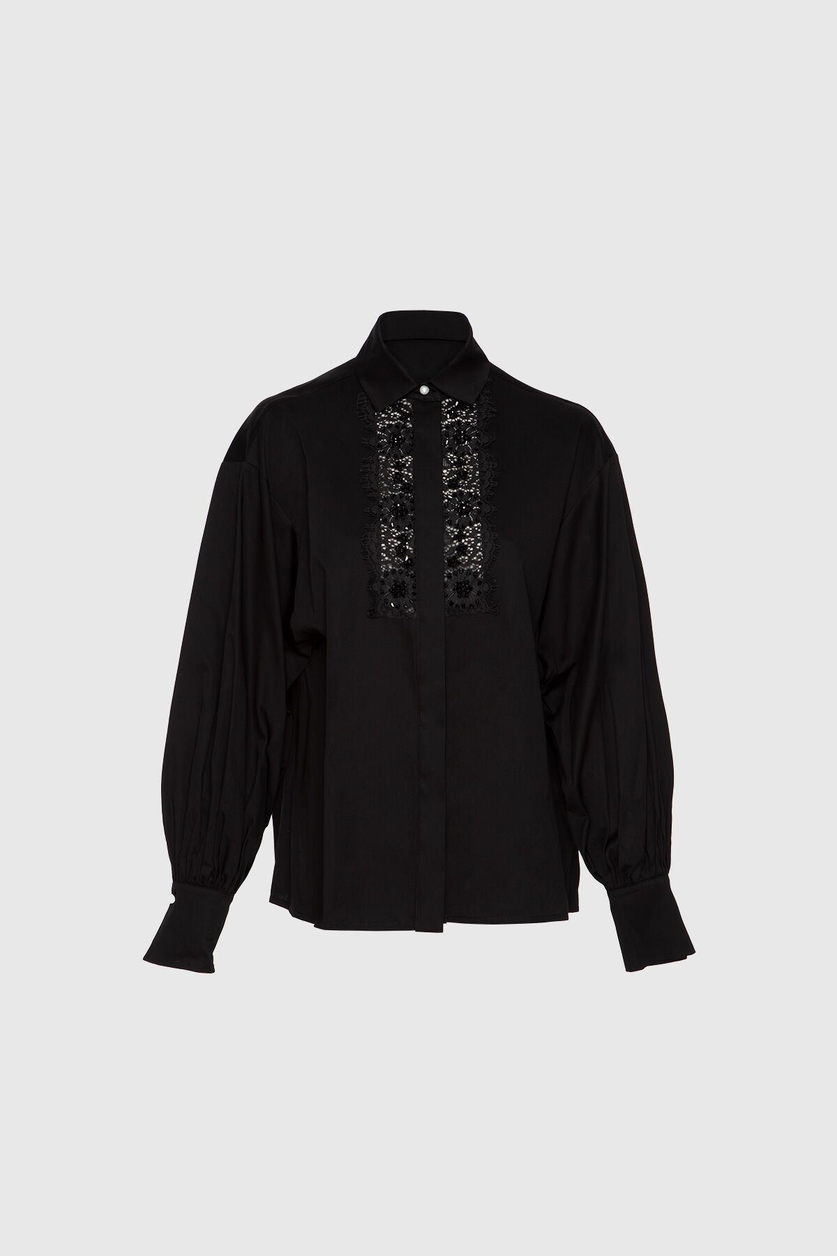  GIZIA - Lace And Embroidered Detailed Voluminous Sleeve Black Poplin Shirt
