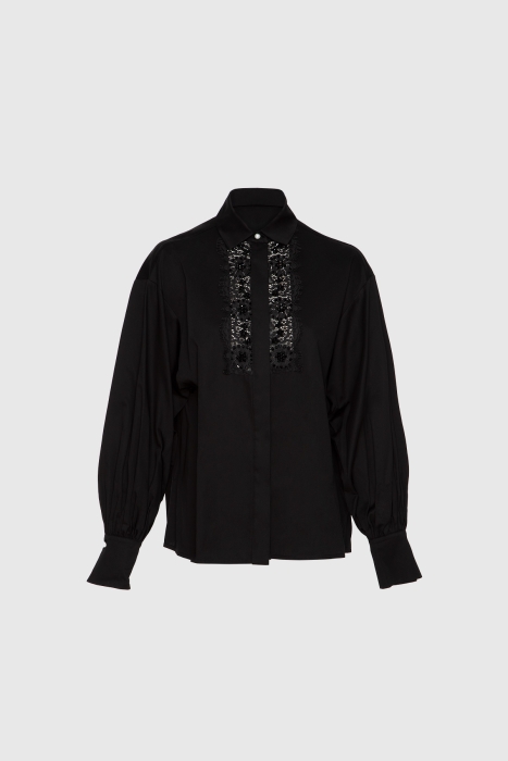 Gizia Lace And Embroidered Detailed Voluminous Sleeve Black Poplin Shirt. 1