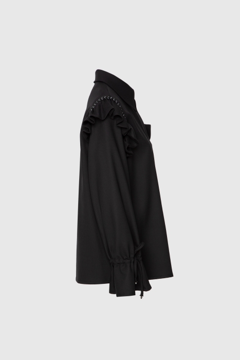 Gizia Asymmetrical Cut Black Shirt with Flounce Detail on the Sleeves. 2