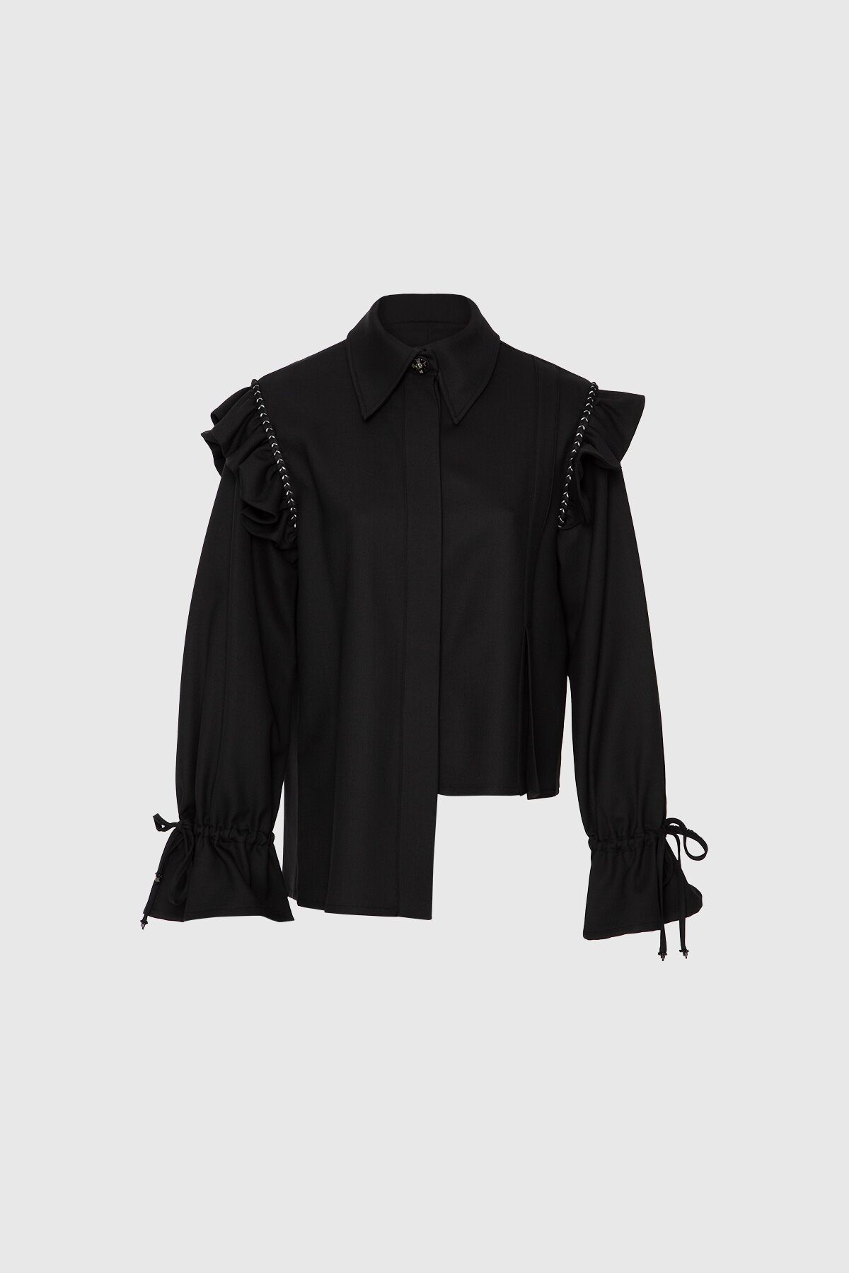  GIZIA - Asymmetrical Cut Black Shirt with Flywheel Detail on the Sleeves