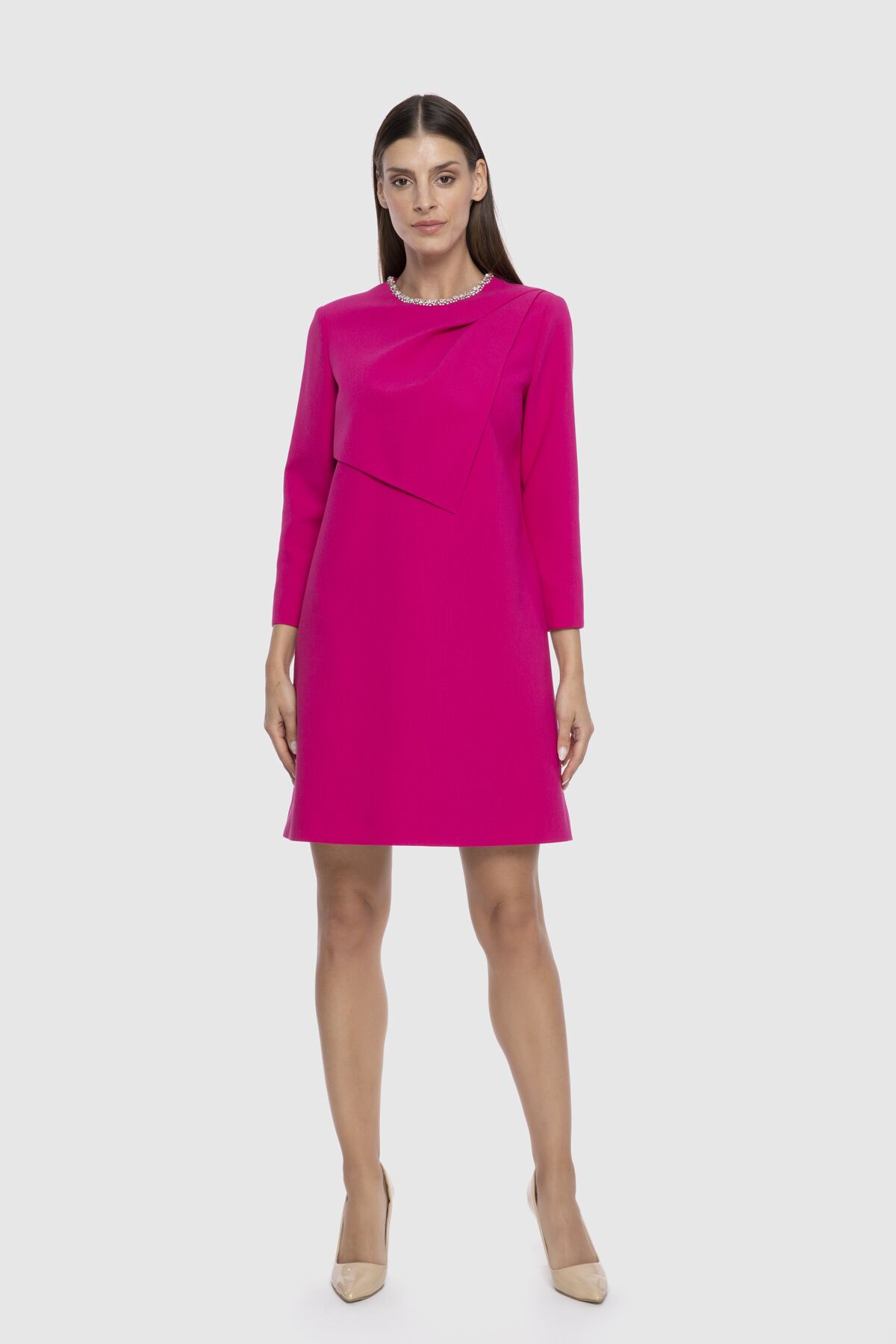  GIZIA - Embroidered Collar Front Pleat Piece Mini Pink Dress