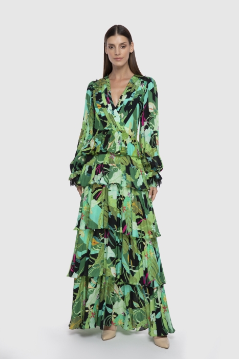 Gizia Embroidered Detailed Long Green Chiffon Dress. 1