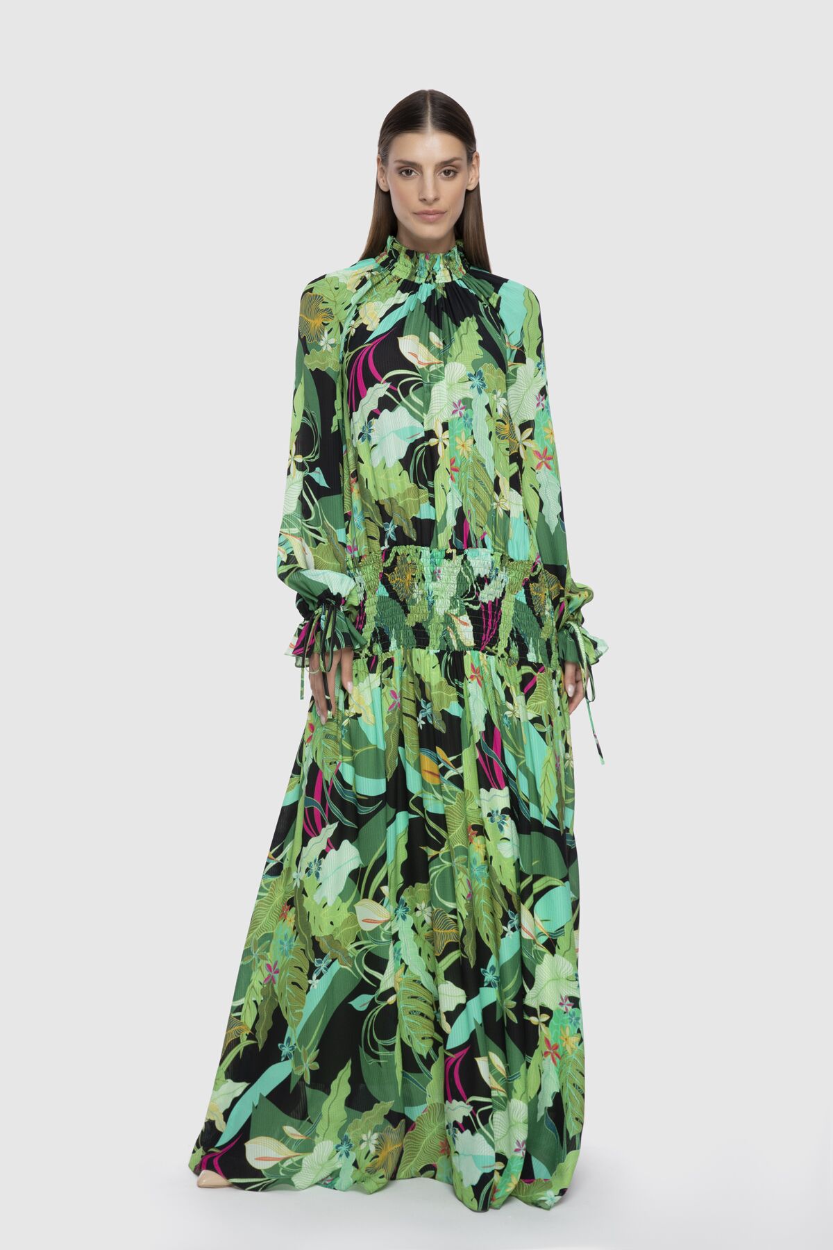  GIZIA - Lastik Detaylı Desenli Yeşil Uzun Elbise