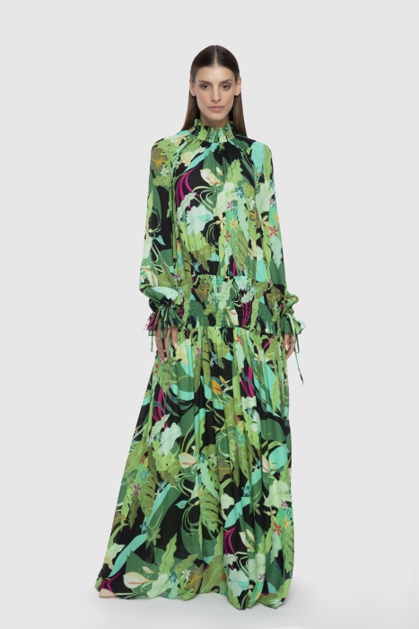 Gizia Lastik Detaylı Desenli Yeşil Uzun Elbise. 1