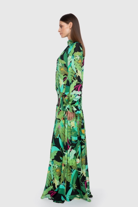 Gizia Lastik Detaylı Desenli Yeşil Uzun Elbise. 2