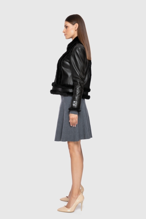 Gizia Fur Detailed Black Leather Jacket. 2