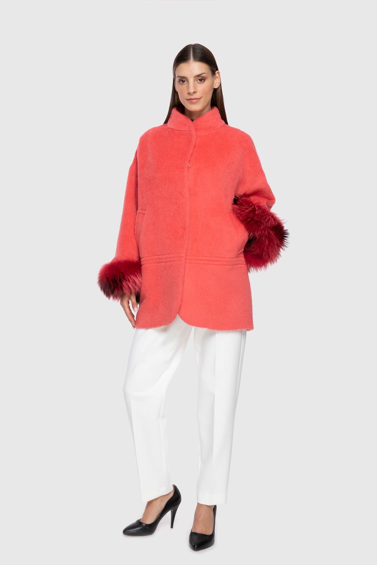  GIZIA - Fur Detail Wide Cut Red Cachet Coat with Sleeves