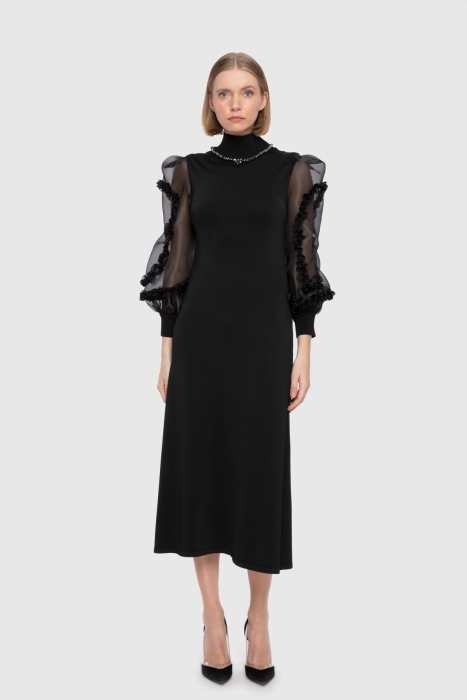 Gizia فستان صوف أسود مزين بأكمام كبيرة الحجم. 1