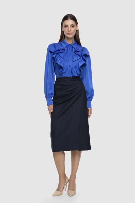 Gizia Asymmetrical Draped Detailed Navy Blue Pencil Skirt. 1