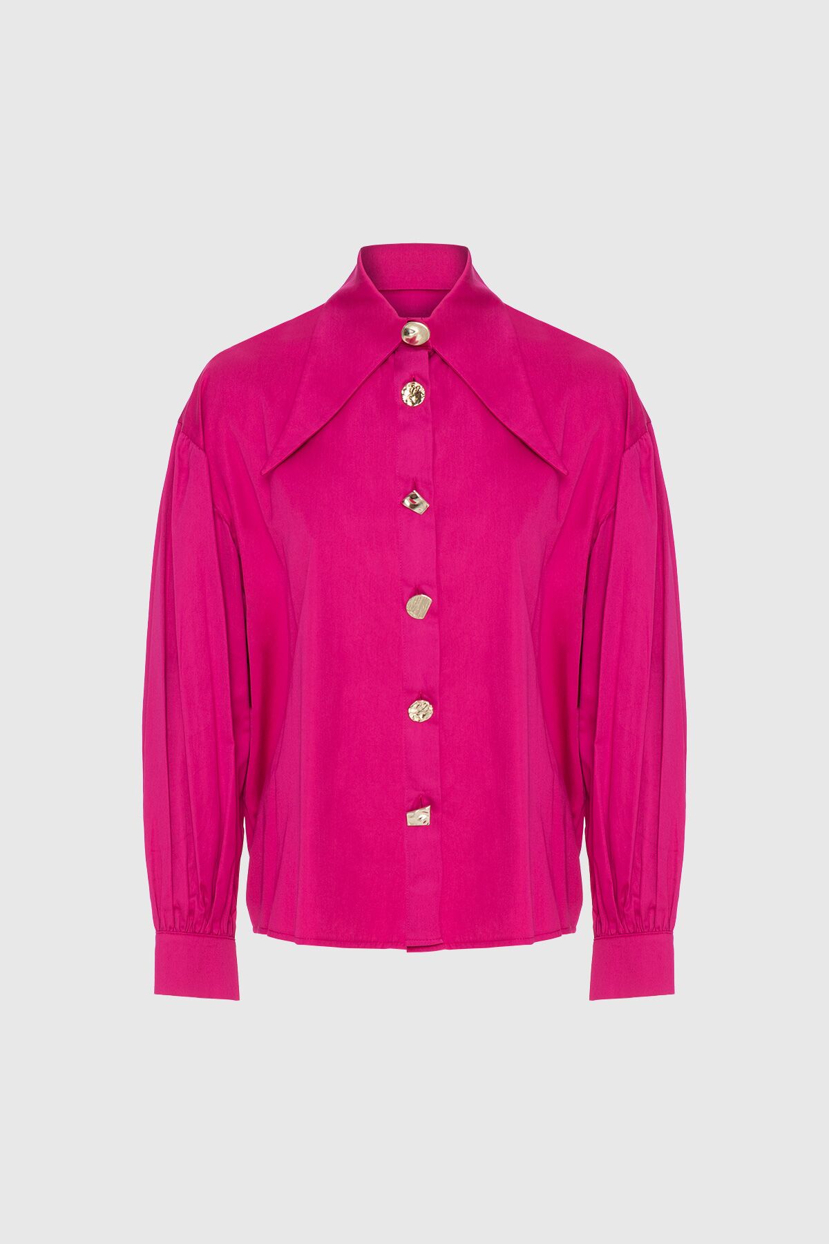 KIWE - Collar and Button Detailed Sleeves Pleated Design Pink Poplin Shirt