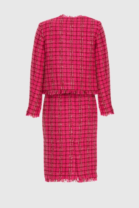 Gizia Tweed Fuchsia Suit With Check Pattern With Stone Button Detail. 3