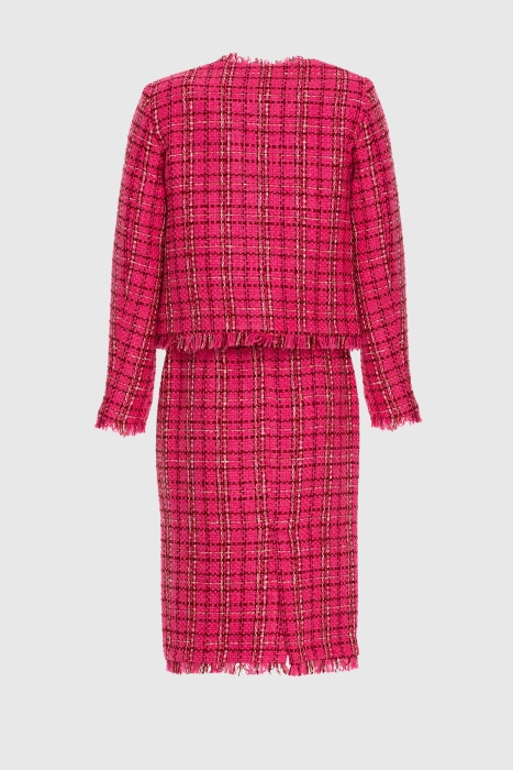 Gizia Tweed Fuchsia Suit With Check Pattern With Stone Button Detail. 3 Gizia Tweed Fuchsia Suit With Check Pattern With Stone Button Detail. 3