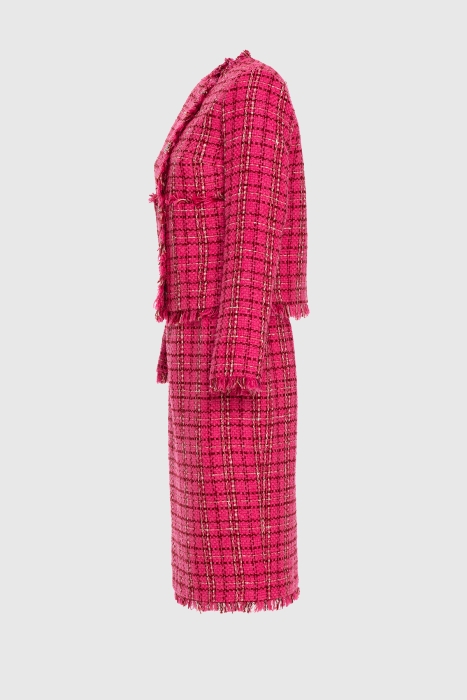 Gizia Tweed Fuchsia Suit With Check Pattern With Stone Button Detail. 2