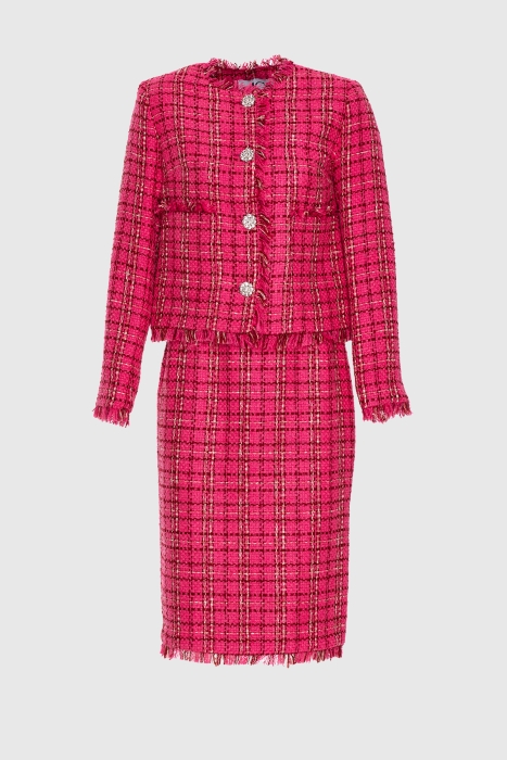 Gizia Tweed Fuchsia Suit With Check Pattern With Stone Button Detail. 1