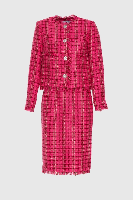 Gizia Tweed Fuchsia Suit With Check Pattern With Stone Button Detail. 1 Gizia Tweed Fuchsia Suit With Check Pattern With Stone Button Detail. 1