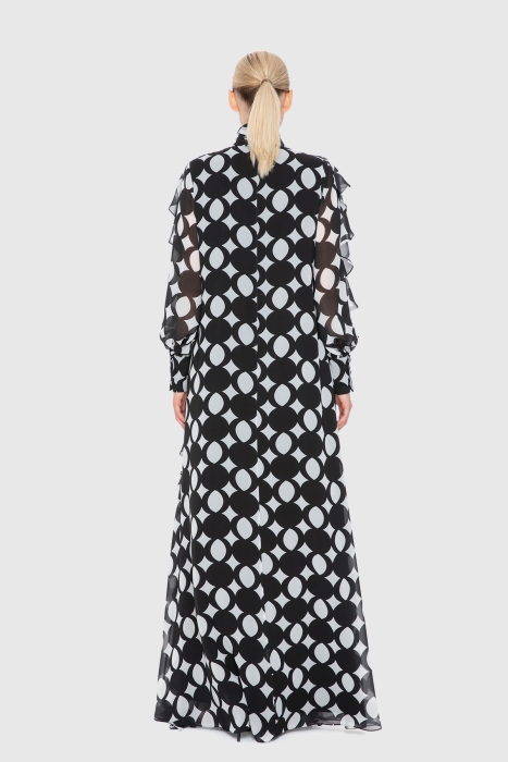 Gizia Shoulder Flounce Detail Standing Collar Embroidered Patterned Long Black Dress. 3