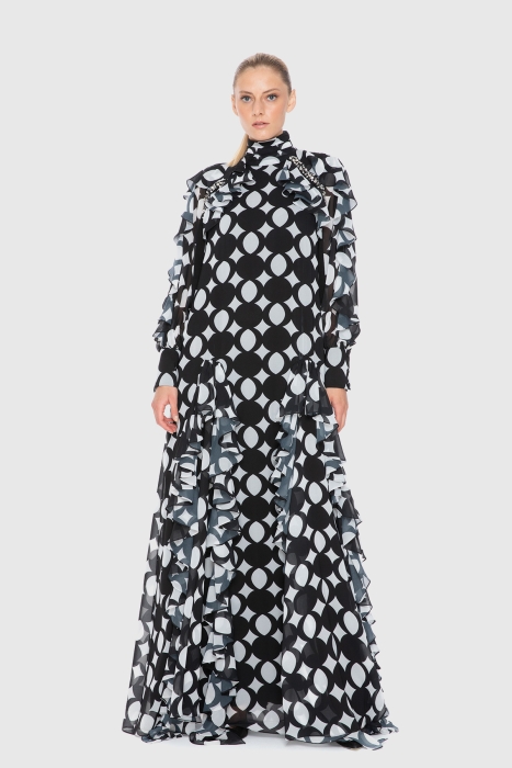 Gizia Shoulder Flounce Detail Standing Collar Embroidered Patterned Long Black Dress. 1
