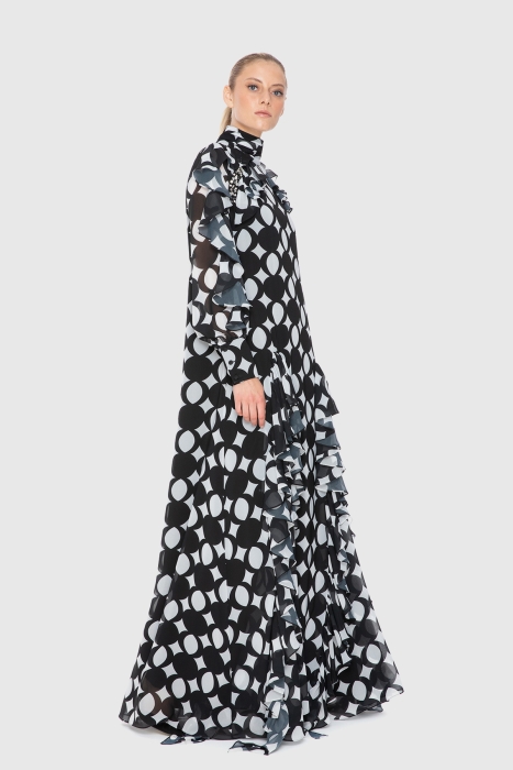 Gizia Shoulder Flounce Detail Standing Collar Embroidered Patterned Long Black Dress. 2