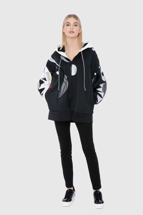 Gizia Mixed Pattern Embroidered Hooded Oversized Front Zipper Sweatshirt. 1