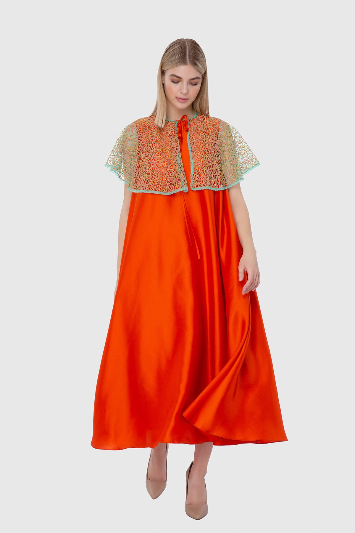 MANI MANI - Orange Cape Dress With Collar Detail