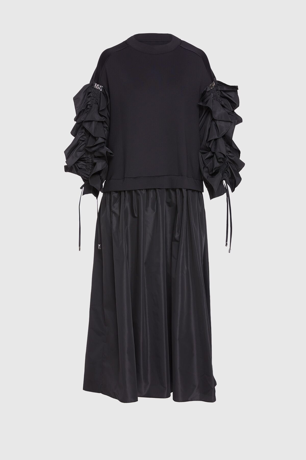GIZIA SPORT - Volanlı Kontrast Kumaş Garnili Siyah Uzun Elbise