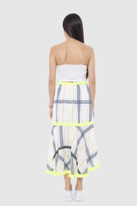 Gizia Neon Strip Detailed Shirted Plaid Linen Skirt. 2
