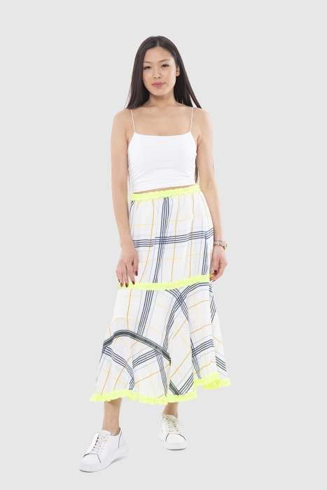 Gizia Neon Strip Detailed Shirted Plaid Linen Skirt. 3
