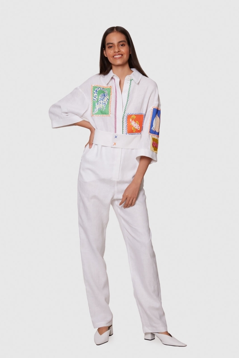 Gizia Embroidered White Linen Jumpsuit. 1