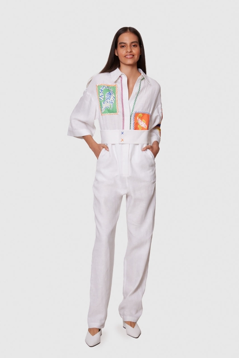 Gizia Embroidered White Linen Jumpsuit. 3