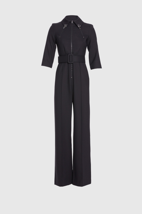 Gizia Zipper and Embroidery Detailed Black Jumpsuit. 1