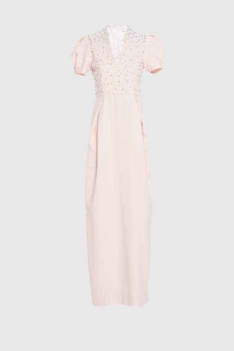 Gizia V Neck Stone Pearl Embroidered Long Pink Evening Dress. 1