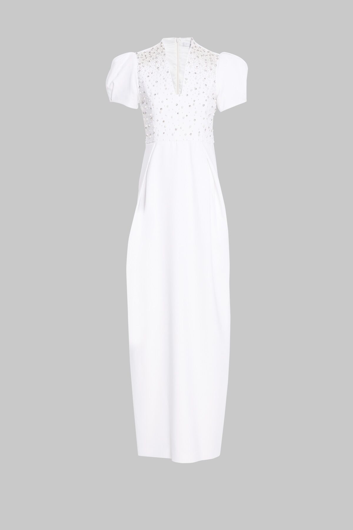  GIZIA - V Neck Stone Pearl Embroidered Long Ecru Evening Dress