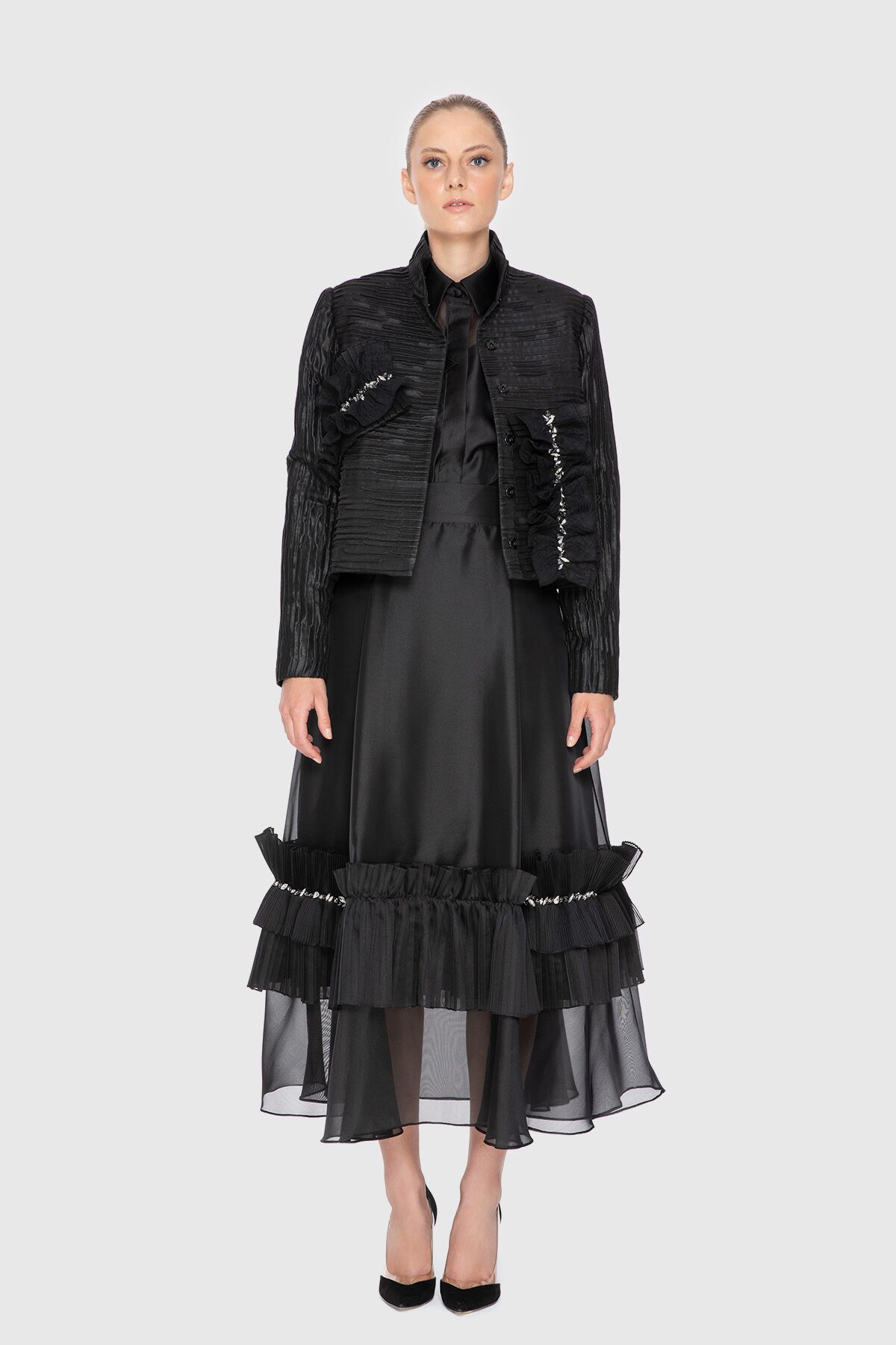  GIZIA - Embroidered Ruffle and Organza Detailed Box Jacket