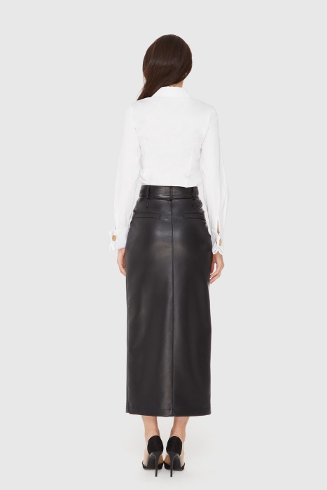 Gizia Black Leather Midi Skirt With Slit Detail. 3 Gizia Black Leather Midi Skirt With Slit Detail. 3