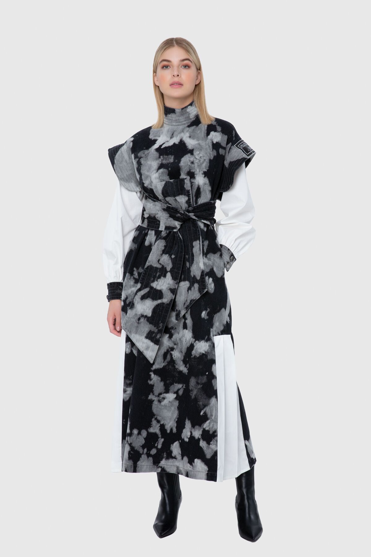 MANI MANI - Jakron Detaylı Kontrast Batik Yıkamalı Jean Elbise