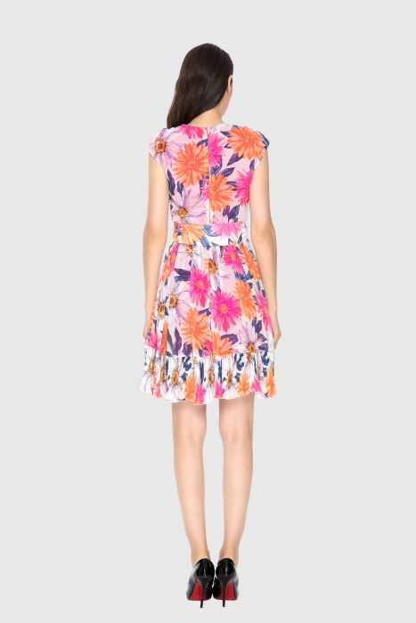 Gizia Pleated Mini Ecru Dress With Floral Pattern Belt. 3