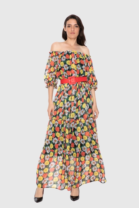 Gizia Floral Patterned Long Dress With Off Shoulder Belt. 1