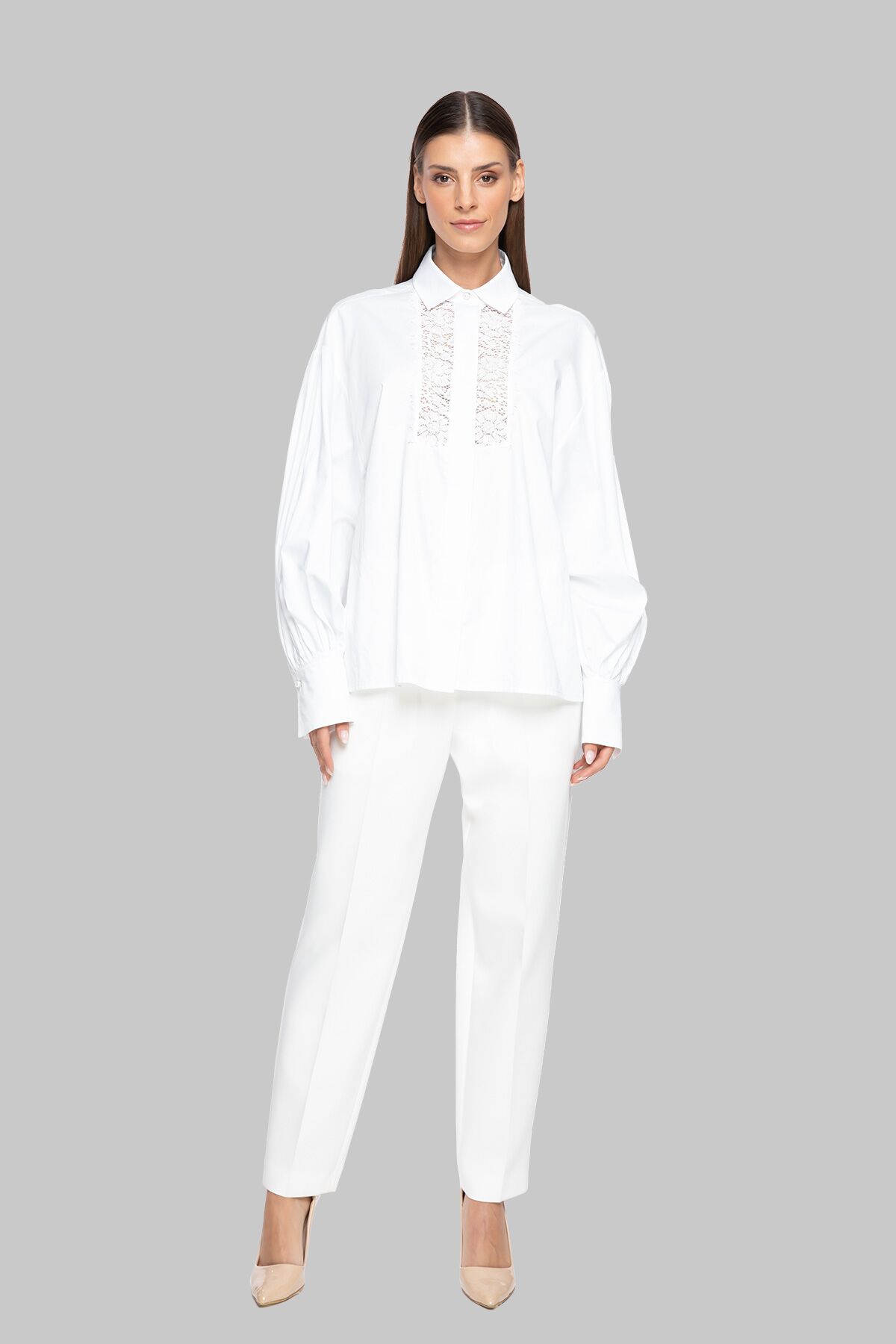  GIZIA - Lace And Embroidered Detailed Voluminous Sleeve White Poplin Shirt