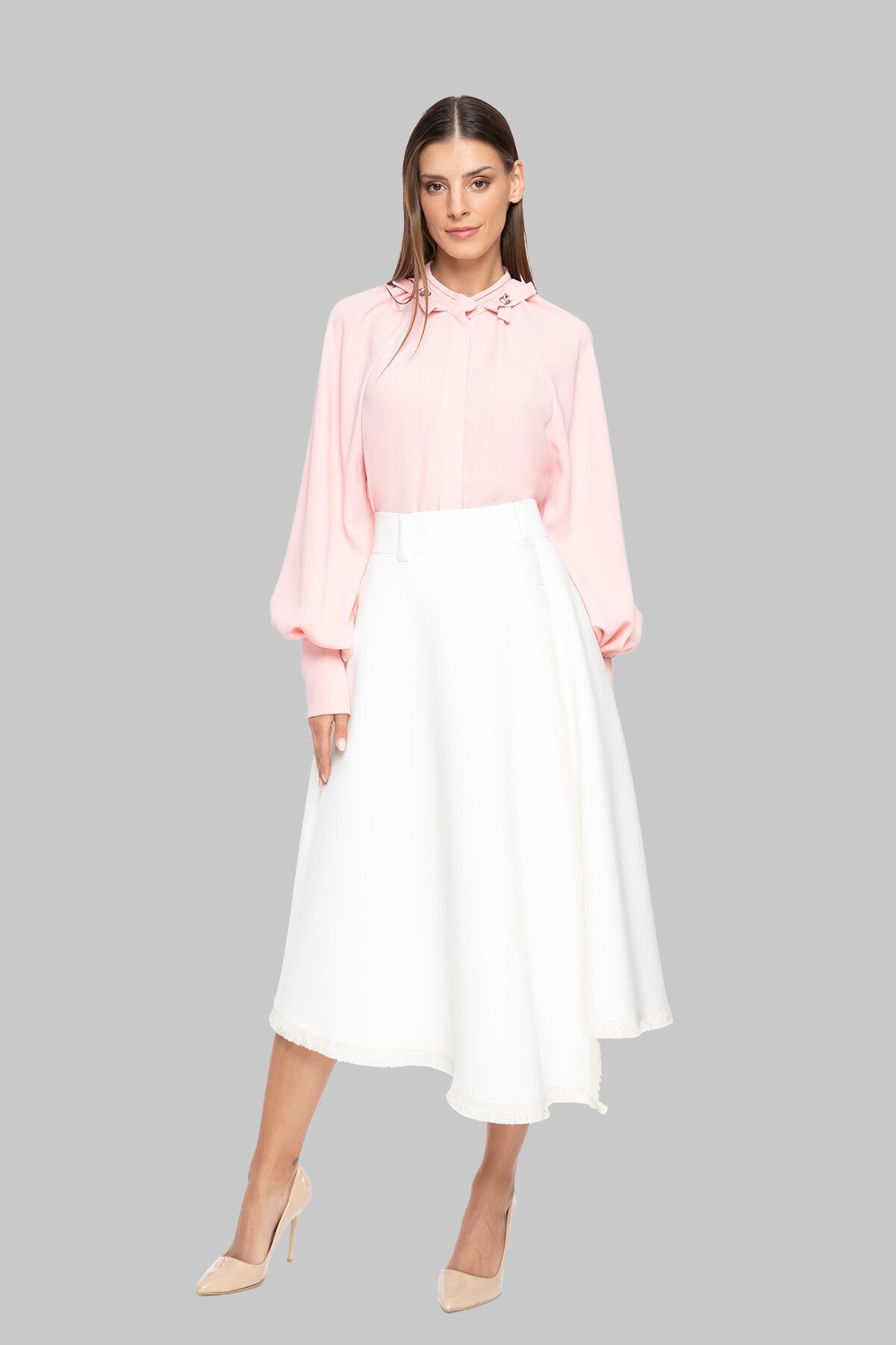  GIZIA - With Stripe High Waist Asymmetric Cut Ecru Skirt