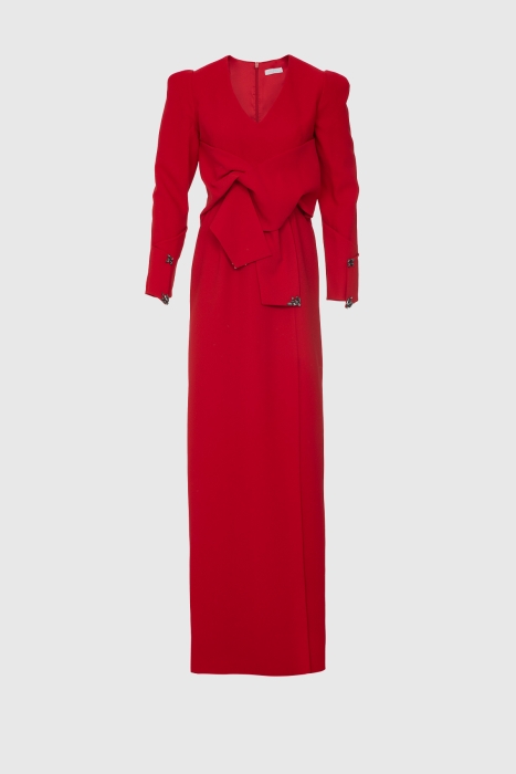Gizia Tie Detailed Red Long Evening Dress. 1