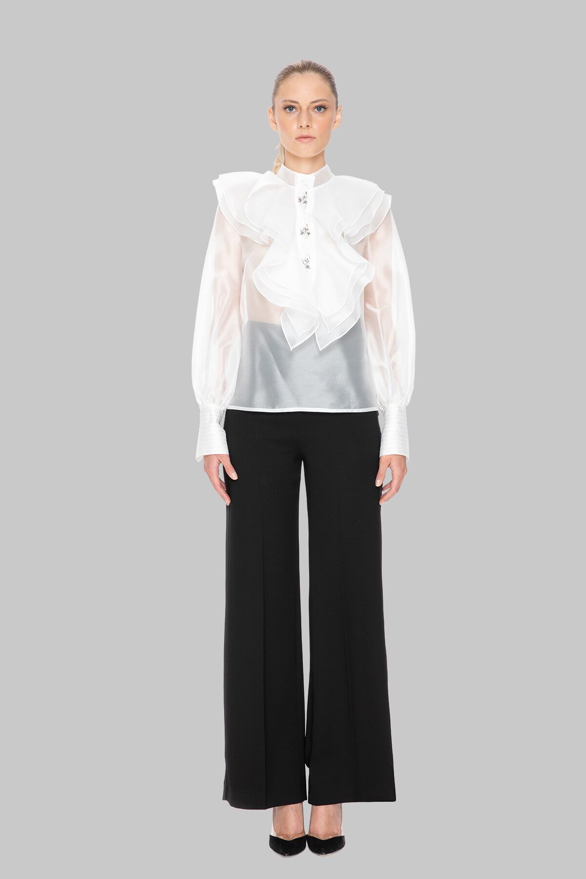  GIZIA - Ruffle Collar And Embroidered Detailed Organza Blouse