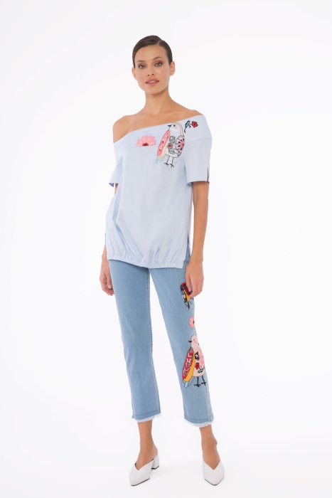 Gizia Boat Collar,Embroidery Appliqued Baby Blue Poplin Blouse. 1