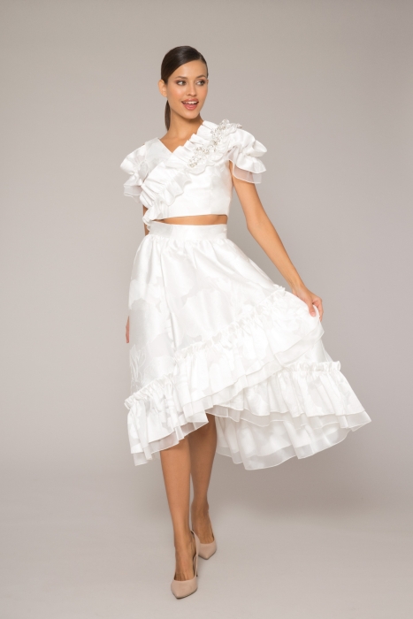 Gizia Layered, Frill Detailed, Gathered Midi Skirt. 1