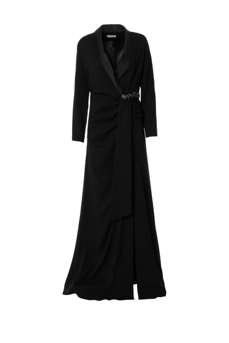 Gizia Draped Detailed Embroidered Long Black Dress. 1