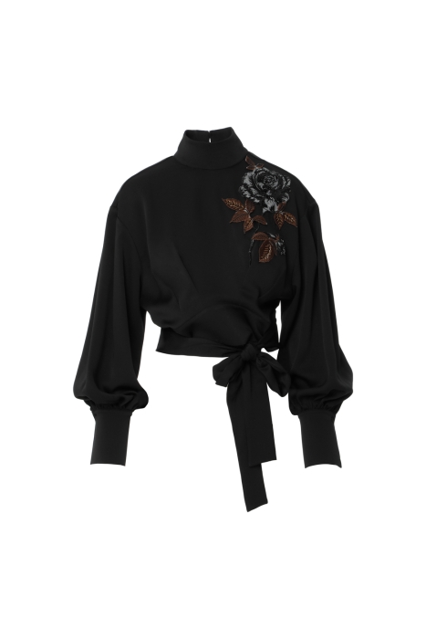 Gizia Black Crop Blouse With Embroidered Floral Appliques. 1