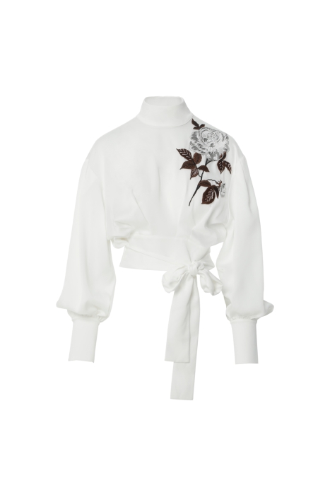 Gizia Ecru Crop Blouse With Embroidered Floral Appliques. 1