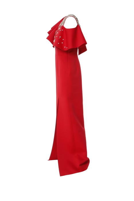 Gizia Embroidered Detailed Slit Red Evening Dress. 2