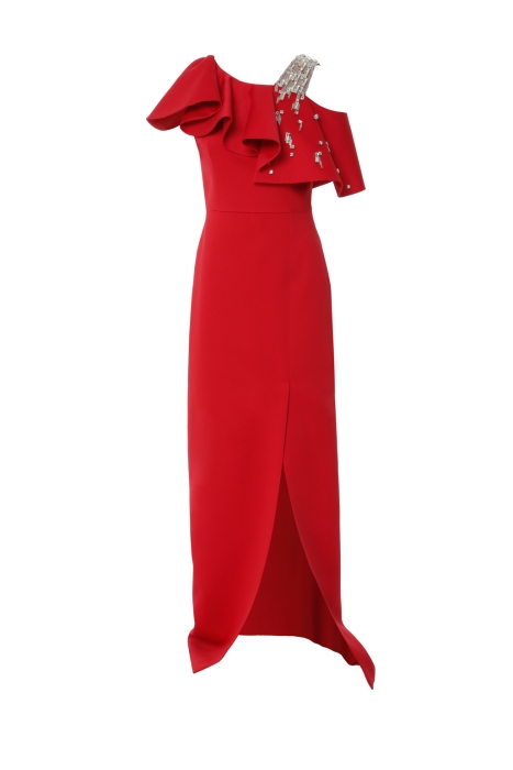 Gizia Embroidered Detailed Slit Red Evening Dress. 1