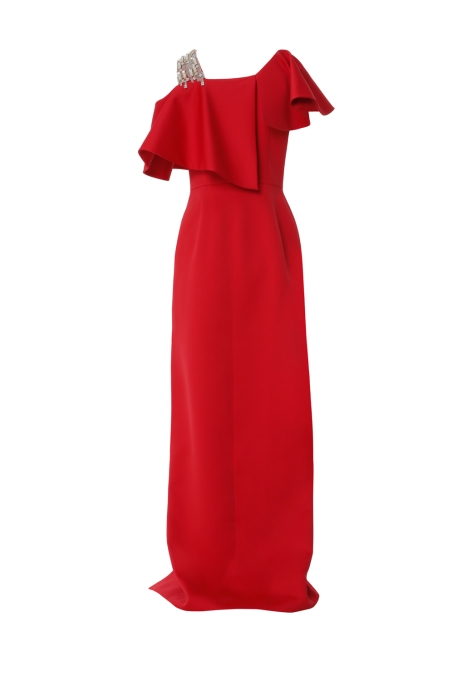 Gizia Embroidered Detailed Slit Red Evening Dress. 3