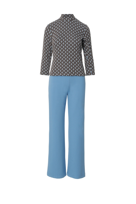 Gizia Contrast Patterned Stand Up Collar Three Quarter Sleeve Casual Cut Trousers Blue Knitwear Suit. 1